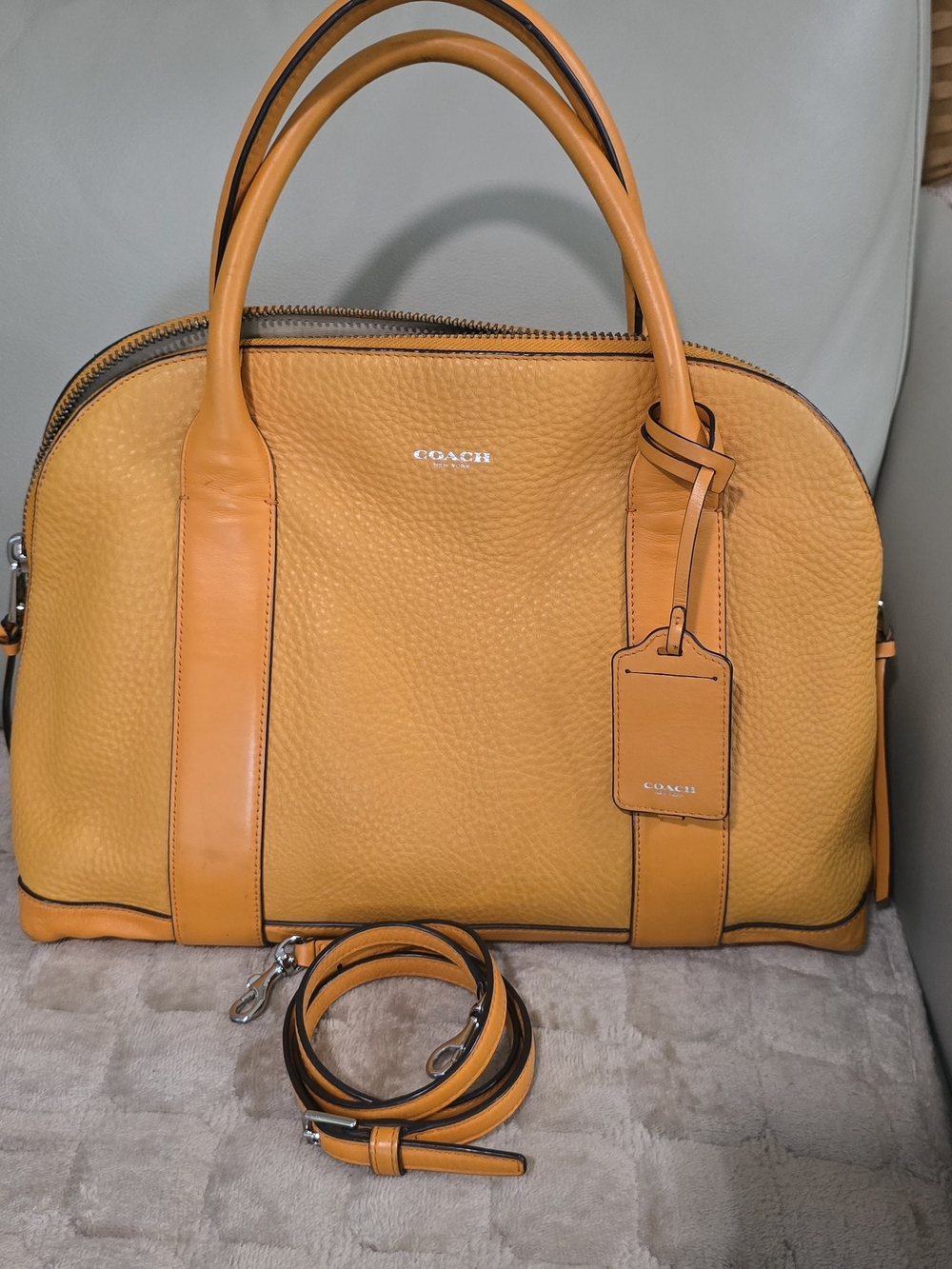 COACH Pebbled Leather Bleecker Satchel in Orange